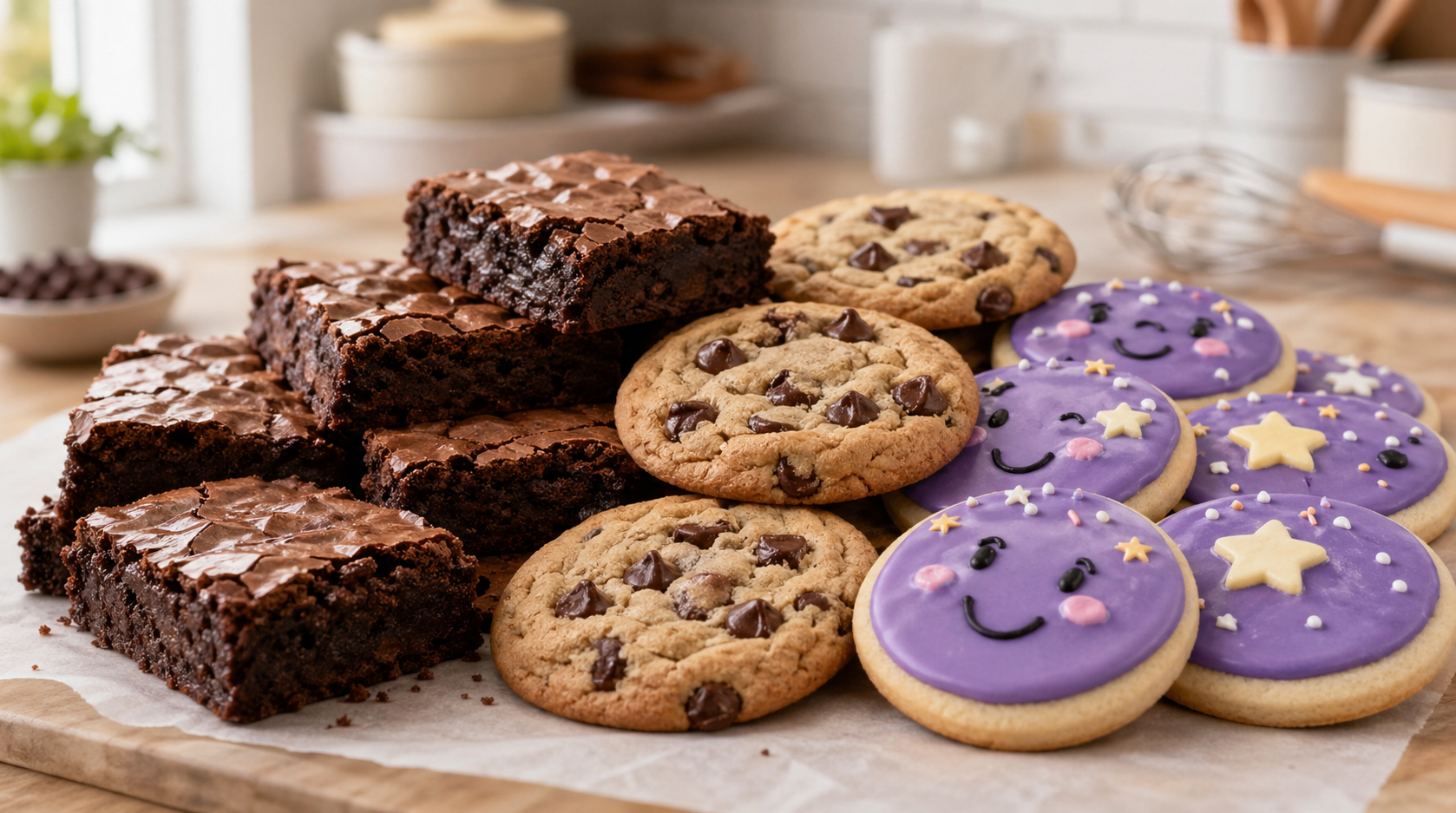 Assorted brownies, chocolate chip cookies, and purple decorated sugar cookies