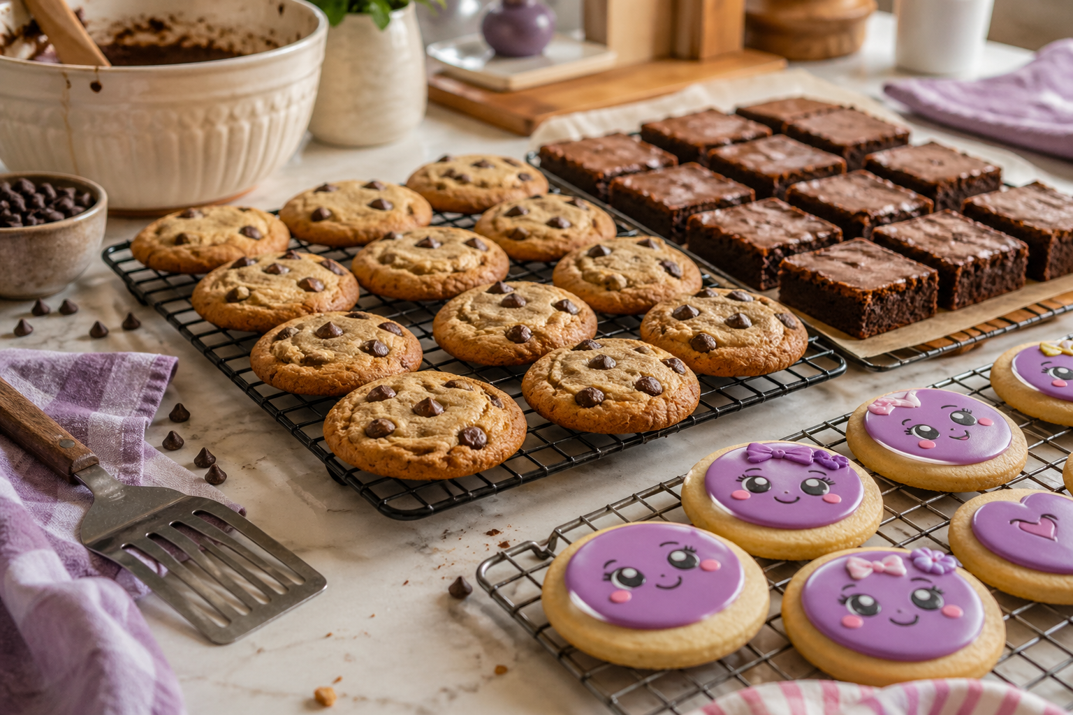 Cookies and brownies cooling on a kitchen tray