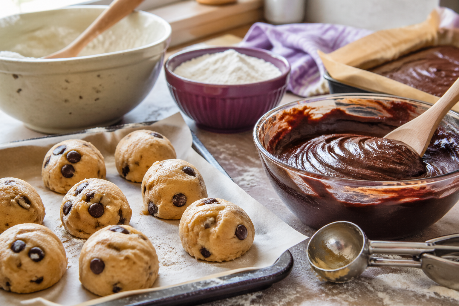 Cookie dough and brownie batter prepared on a home kitchen counter