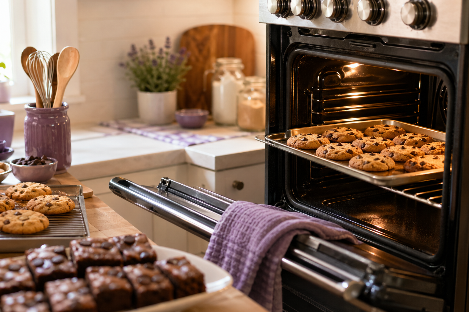 Fresh cookies baking in a warm home bakery oven