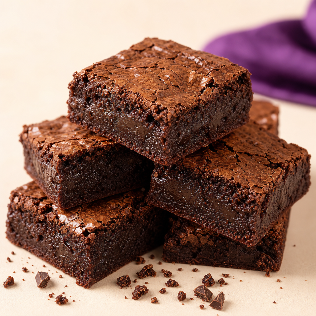 Studio photo of fudgy brownies with crackly tops