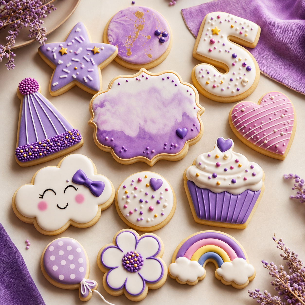 Studio photo of custom-designed decorated sugar cookies