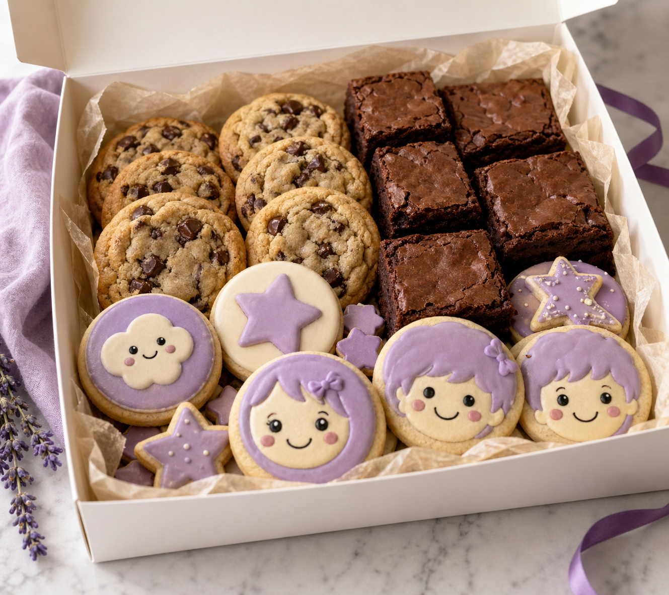 Open bakery box filled with brownies, chocolate chip cookies, and decorated sugar cookies